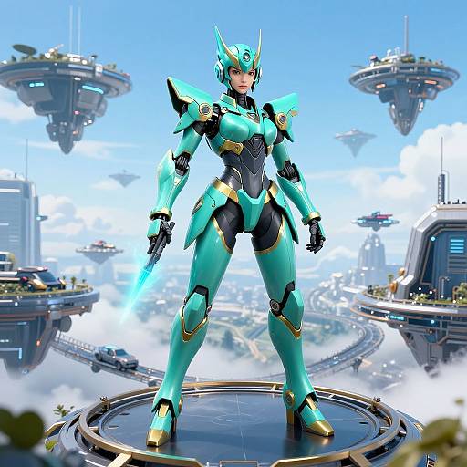 CGI image of a teal and black armored female warrior with glowing blue eyes and helmet, standing on a futuristic circular platform, surrounded by floating cities in