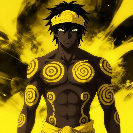 Anime-style digital illustration of a muscular, dark-skinned male with glowing yellow eyes, black spiky hair, and yellow spiral tattoos, wearing a yellow