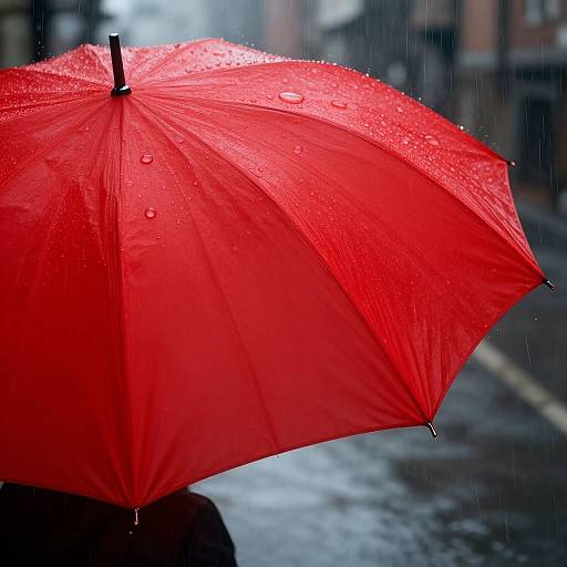 Photograph of a vibrant red umbrella with raindrops, held in a gloved hand, in a rainy urban street.