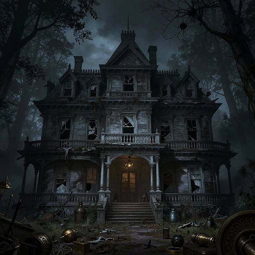 Dark, eerie photograph of a dilapidated, Gothic-style Victorian mansion at night, with broken windows, overgrown plants, and a glowing lantern near