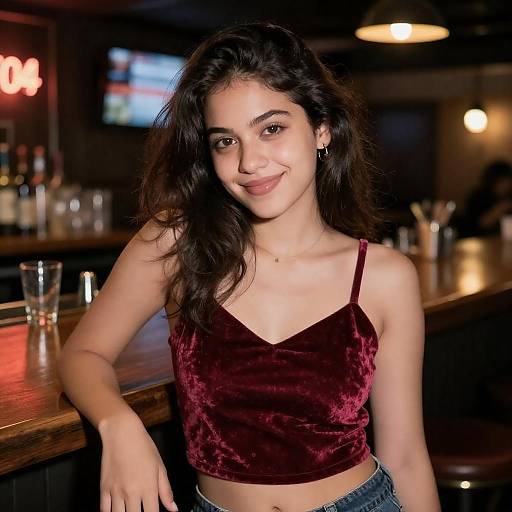 Smiling Woman in Dimly Lit Bar