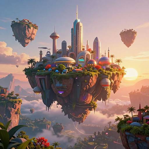 Surreal Floating Islands at Sunset