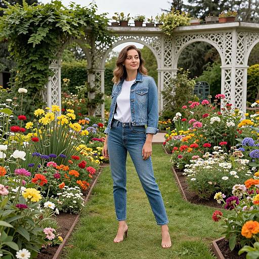 Photograph of a smiling woman with wavy brown hair, wearing a denim jacket, white shirt, and blue jeans, standing barefoot in a vibrant