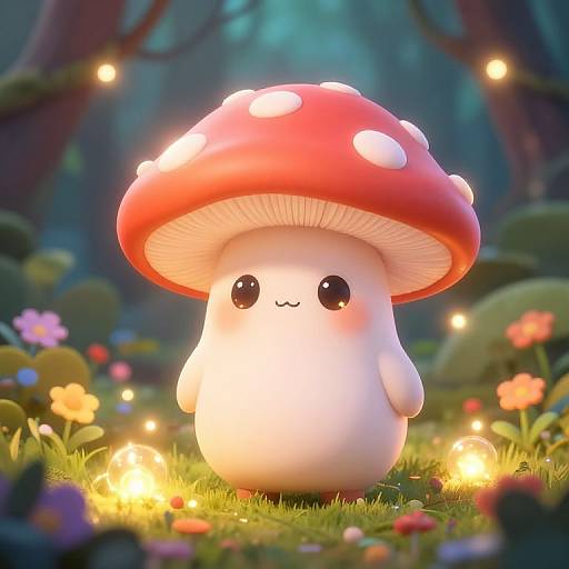 Adorable CGI mushroom creature with white body and red cap, cute black eyes, standing in enchanted forest with glowing flowers.