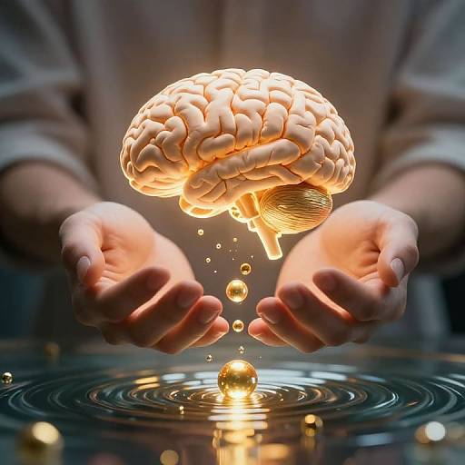 Photograph of glowing brain hovering above hands, releasing golden droplets into a rippling water surface, blending realism and surrealism.