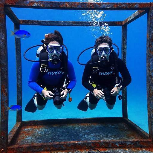 Scuba Divers in Rusty Cage Underwater