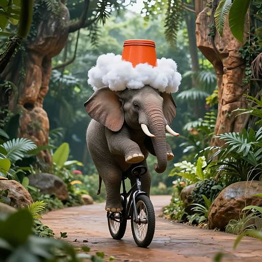 Elephant on Unicycle in Mystical Jungle
