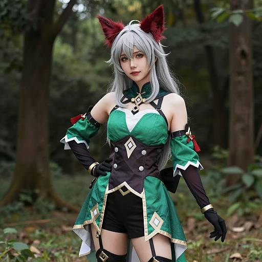 Digital artwork of an anime-style girl with silver hair, fox ears, green and black outfit, black gloves, standing in a forest.