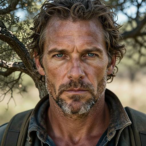 Close-up photograph of rugged, middle-aged man with blue eyes, tousled brown hair, and gray beard, standing outdoors against a tree. Wearing