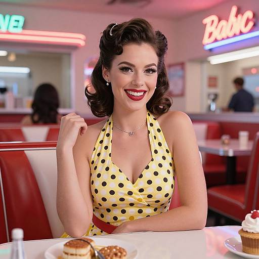 Photograph of a smiling, fair-skinned woman with vintage curled brown hair, wearing a yellow polka dot halter dress, seated in a retro