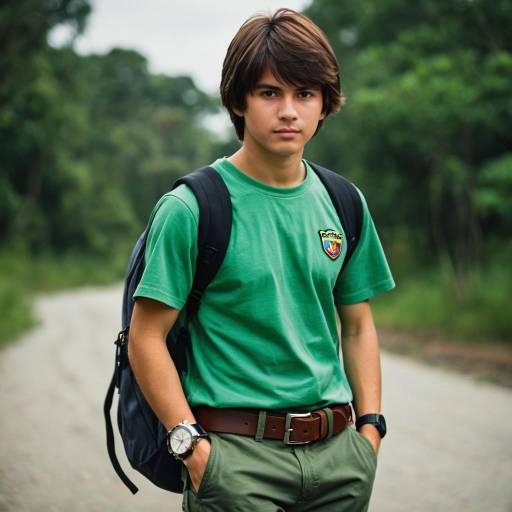 Teen Boy Wearing Green Outfit with Backpack Outdoors