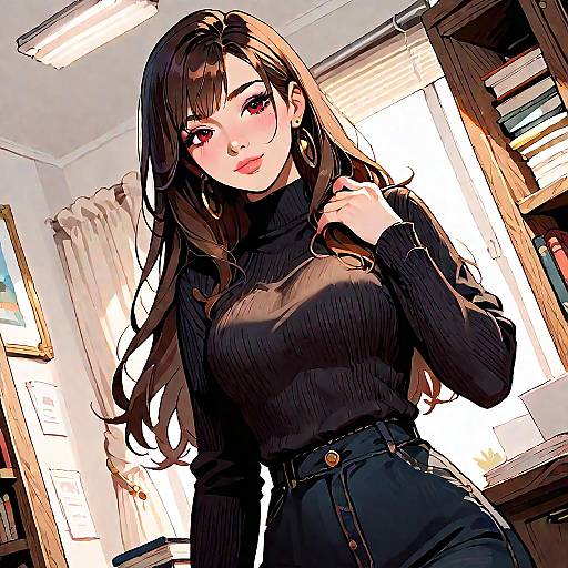 Digital anime-style drawing of a young woman with long brown hair, red eyes, and black turtleneck, standing in a sunlit room.