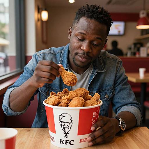 Photograph of a Black man with short, curly hair, wearing a denim jacket, eating fried chicken nuggets from a red and white KFC bucket