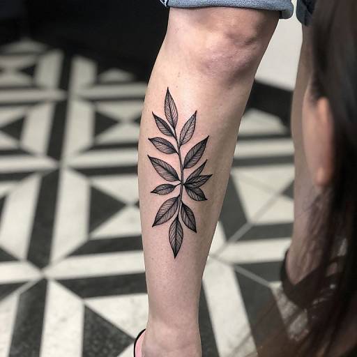 Black Leaf Tattoo on Angled Leg