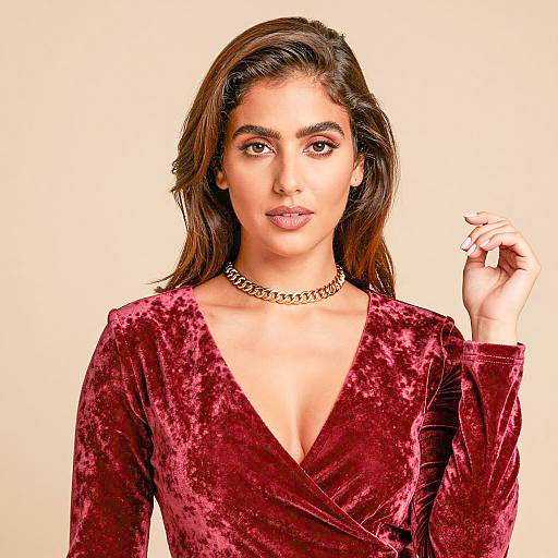 Portrait of Woman in Velvet Top and Gold Necklace
