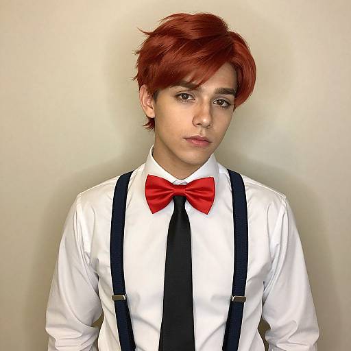 Photograph of a young man with short red hair, wearing a white shirt, black tie, red bow tie, and black suspenders, against a