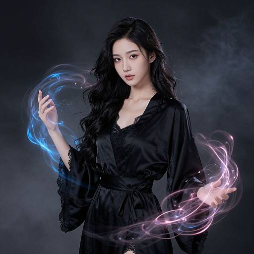 Photograph of an Asian woman with long black hair, wearing a black lace-trimmed robe, conjuring blue and pink ethereal energy against a
