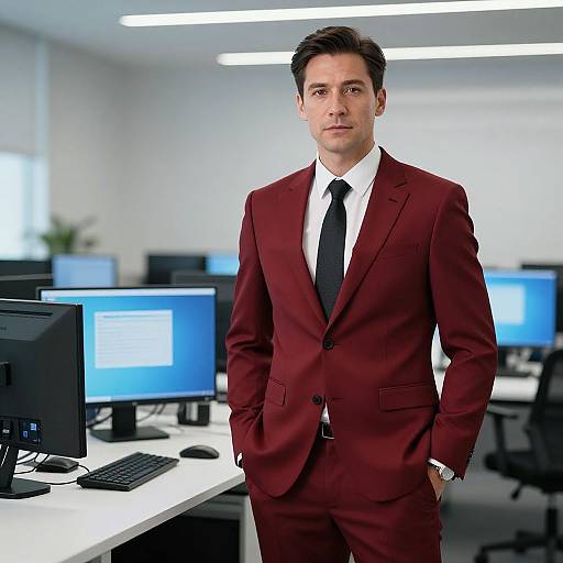 Photograph of a handsome, fair-skinned man in a maroon suit and black tie, standing in a modern, brightly lit office with multiple computer