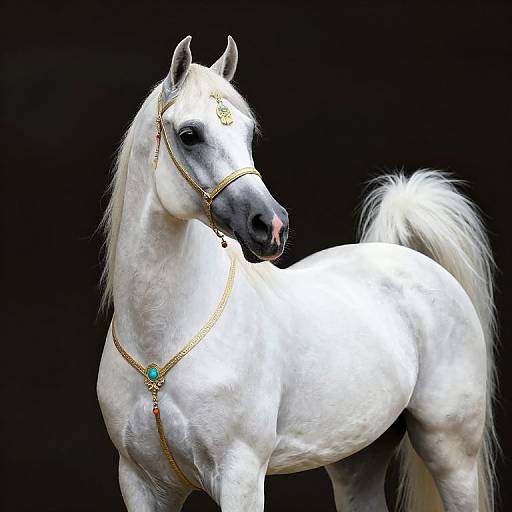 Photograph of a majestic white horse with a black muzzle, adorned with gold and turquoise jewelry, set against a solid black background.