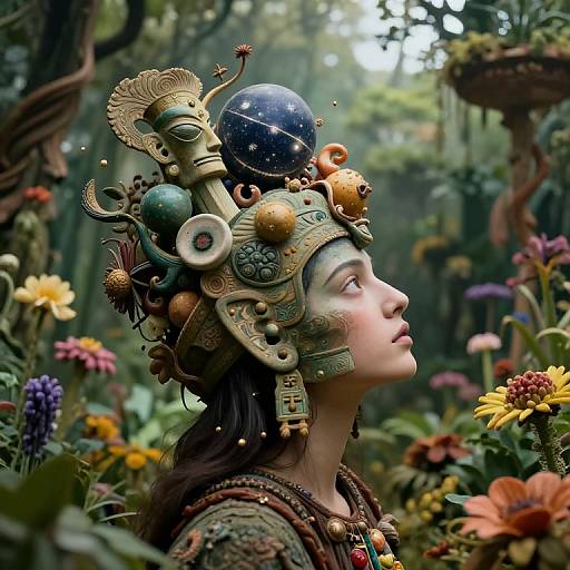 Fantasy portrait of a woman with elaborate, steampunk-inspired headpiece adorned with gears, orbs, and celestial elements, surrounded by lush, colorful