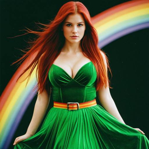 Red-haired woman in green dress with rainbow background