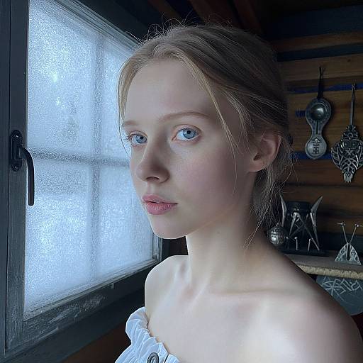 Photograph of a fair-skinned, blonde woman with blue eyes, wearing a white off-shoulder top, standing by a frosted window in