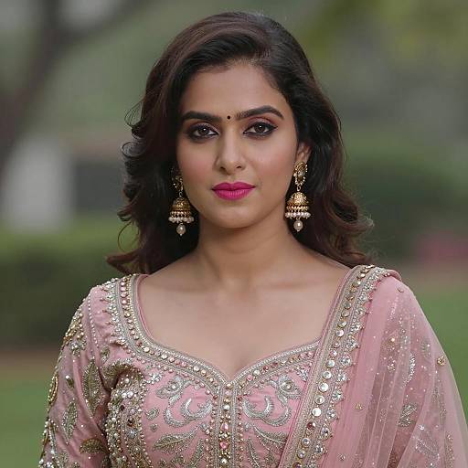 South Asian Woman in Pink Embroidered Lehenga