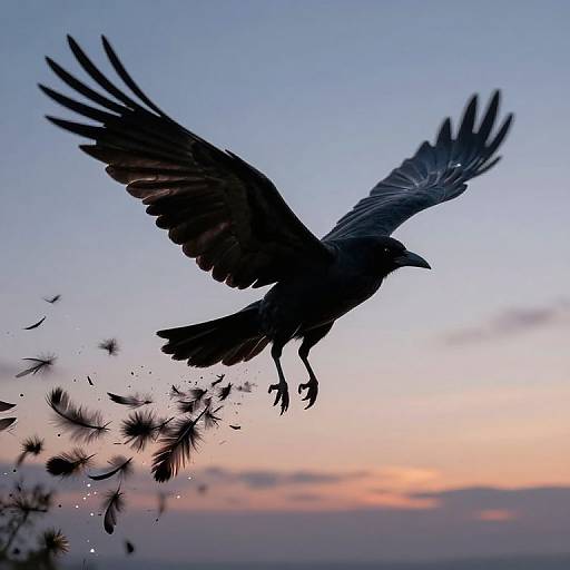 Silhouetted crow with wings spread, flying against a twilight sky, surrounded by floating feathers, capturing a serene, ethereal moment. Photograph.