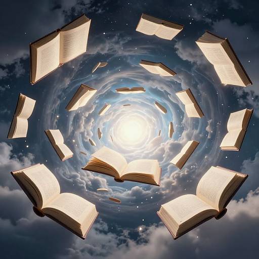 Floating open books in a swirling vortex of clouds against a starry night sky, centered on a bright, radiant white light.