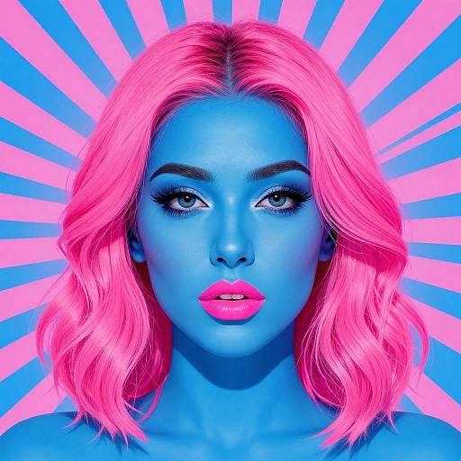 Photorealistic portrait of a blue-skinned woman with vibrant pink hair, pink lips, and bold eye makeup against a radiant pink and blue background.
