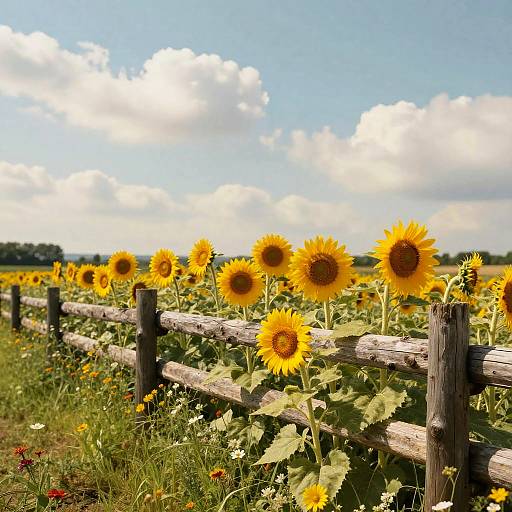 Sunlit field of vibrant yellow sunflowers behind a rustic wooden fence, with a blue sky and fluffy white clouds in the background. Bright, cheerful,