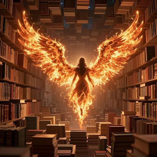 Digital artwork of a silhouetted figure with fiery orange wings standing amidst towering bookshelves, surrounded by stacked books in a dimly lit library
