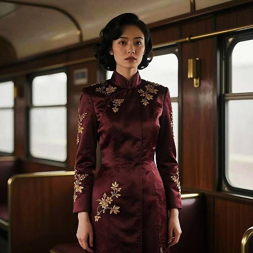 Elegant Woman in Vintage Maroon Brocade Coatdress on Train