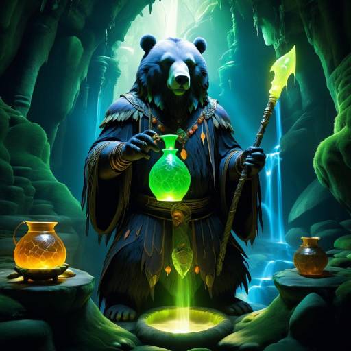 Anthropomorphic Bear Shaman Brewing Potion in Cave