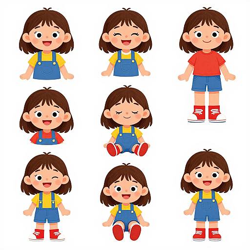 Cartoon image of nine smiling, brown-haired children in yellow shirts and blue overalls or red shirts and blue shorts, showing various expressions and poses on
