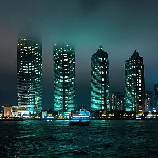 Bioluminescent Skyscrapers Over Turbulent Sea
