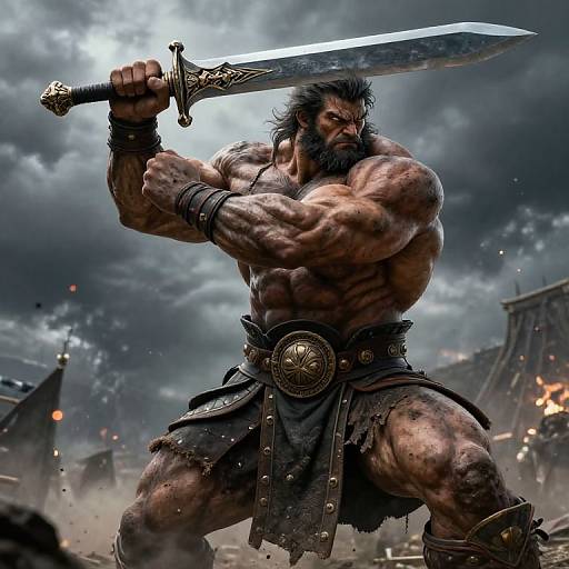 Muscular, bearded barbarian with dark beard and wild hair, wielding a large, ornate sword, stands in a stormy, fiery battlefield
