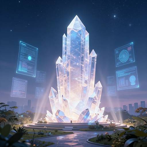 Digital art of a glowing, crystalline spire illuminated at night, surrounded by holographic blue interfaces and a futuristic cityscape.