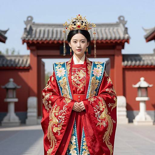 Photograph of an Asian woman in elaborate red traditional Chinese royal attire with gold embroidery, blue trim, and ornate crown, standing in front of a
