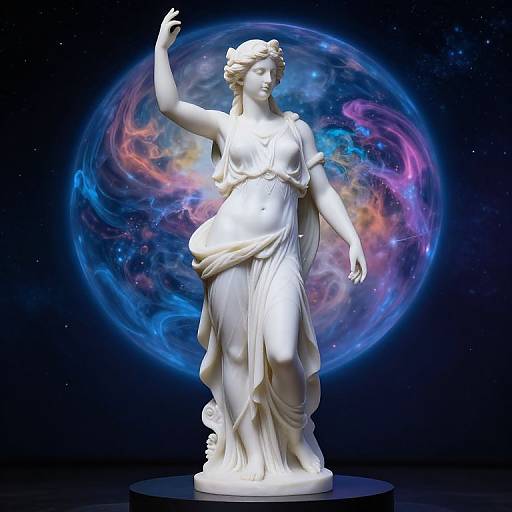 Photograph of a white marble statue of a classical nude woman with flowing drapery, set against a vibrant, cosmic nebula backdrop.