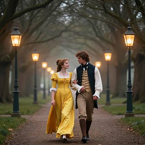 Photograph of a romantic scene: a curly-haired man in 18th-century attire and a red-haired woman in a yellow dress walk hand-in-hand