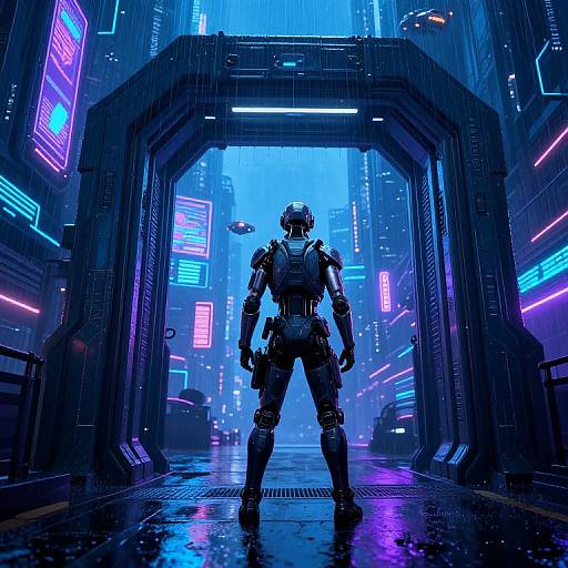 Cyberpunk sci-fi illustration: armored soldier with helmet stands in neon-lit, rain-soaked futuristic corridor, vibrant blue and purple lights, wet