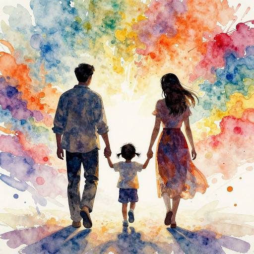 Watercolor silhouette of a family holding hands—father, mother, child—against vibrant, colorful splashes of red, blue, orange, and yellow
