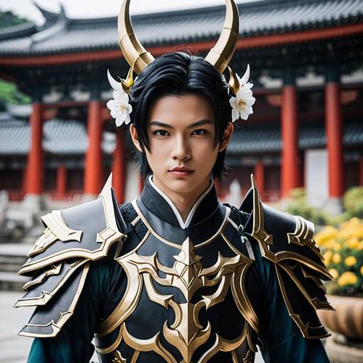 Young Male Warrior in Ornate Armor with Horned Headpiece