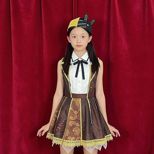 Asian girl in black and gold Victorian-style dress with lace trim, white blouse, black ribbon, and yellow-black hat, standing against red velvet curtain.