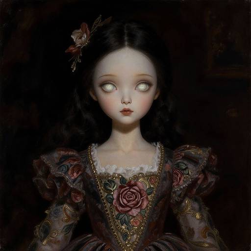 Digital painting of a pale, ethereal girl with glowing white eyes, wearing a dark, floral-patterned dress, against a black background.