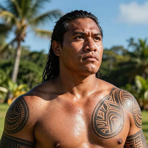 Photograph of a muscular, tan-skinned, tattooed man with wet black hair, standing outdoors against a tropical background with palm trees.