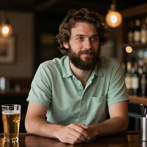 Bearded Man Leaning on Bar Counter