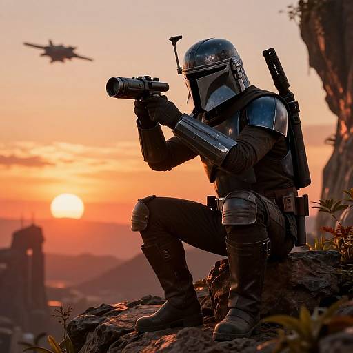 Photorealistic digital artwork of a Mandalorian soldier in armor with helmet, holding a sniper rifle, observing sunset, with a helicopter flying in the background