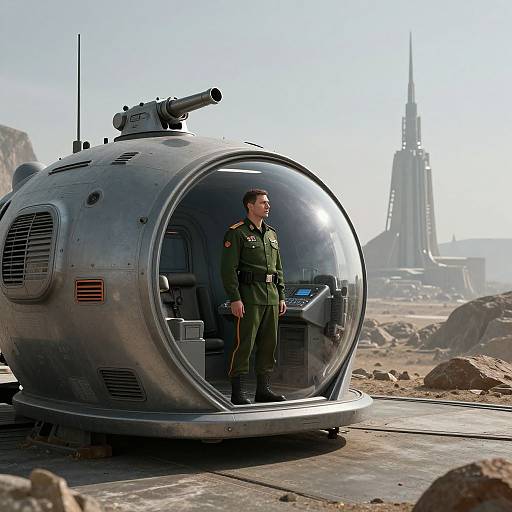Photograph of a green-uniformed military officer standing in a futuristic, cylindrical, metallic spacecraft with a turret, set against a rocky landscape with a